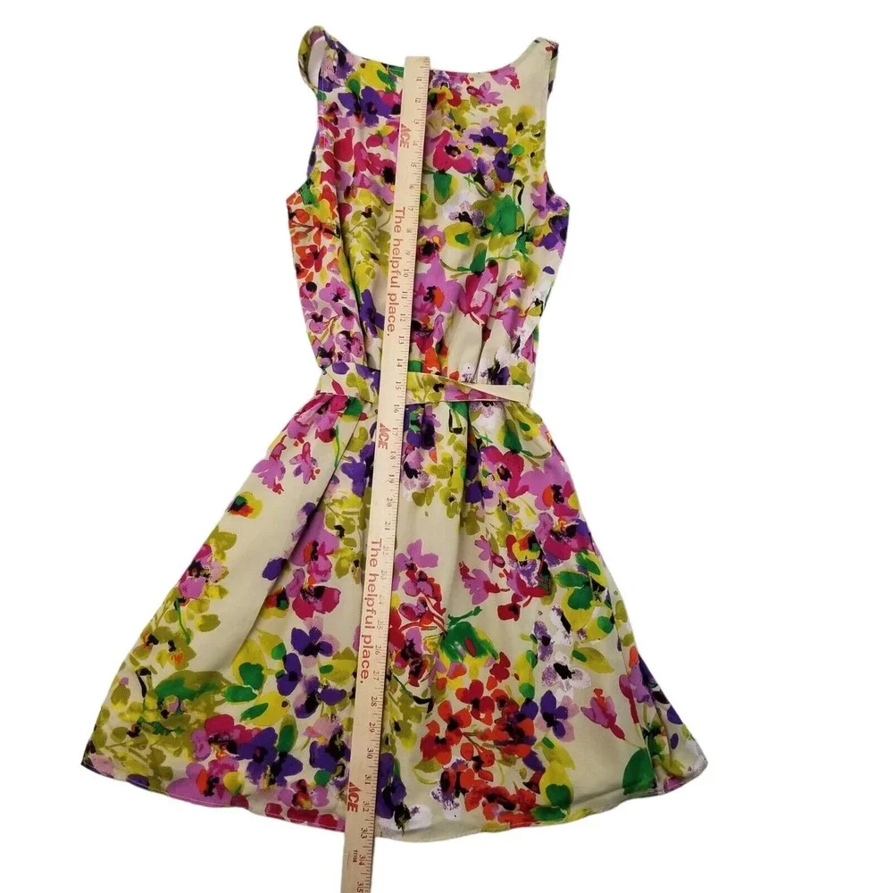 Express Dress Floral Knee Length Belted Sundress Womens Sz M  Ruffle Bib Pockets - Picture 15 of 16
